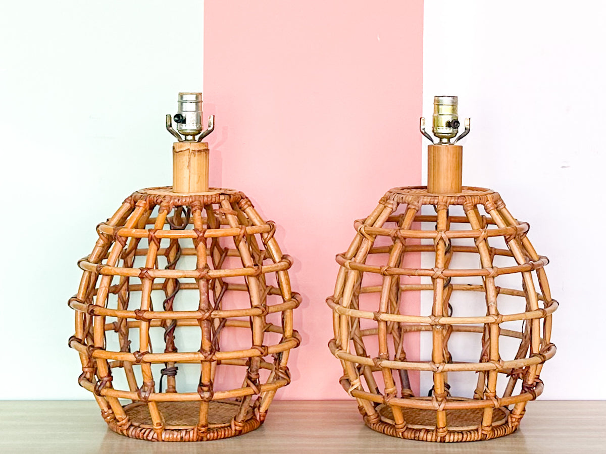 Pair of Rattan Cage Lamps