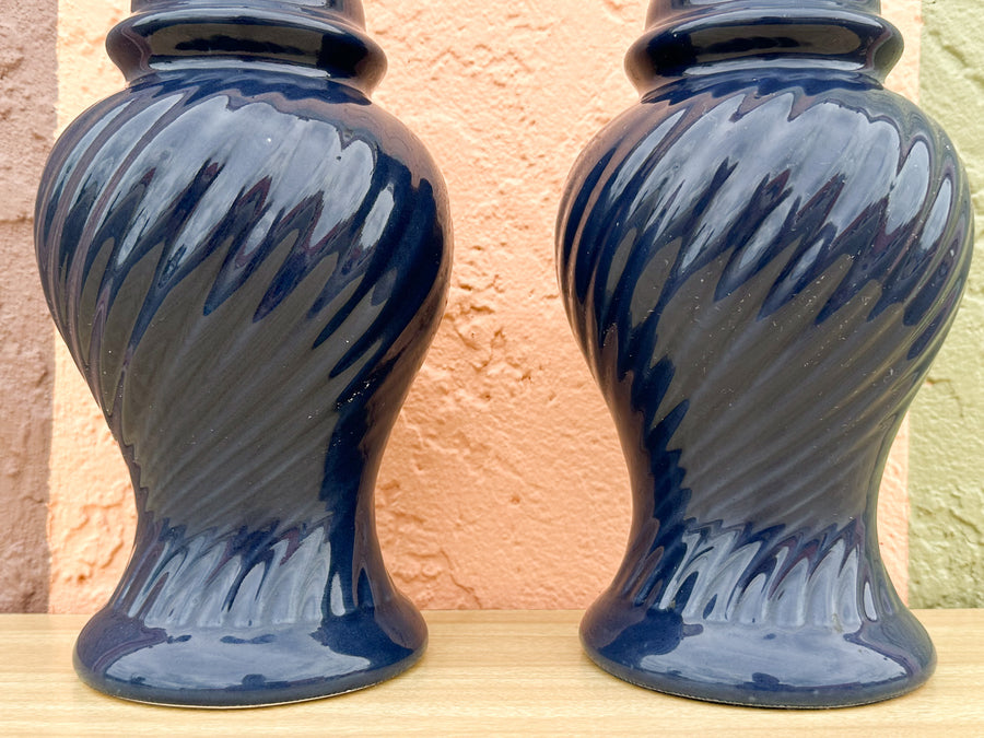 Pair of Petite Navy Swirl Ginger Jar Lamps