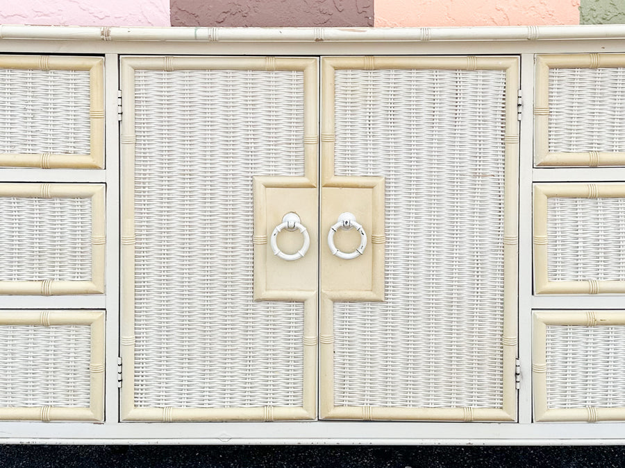 Yellow and White Faux Bamboo and Rattan Dresser