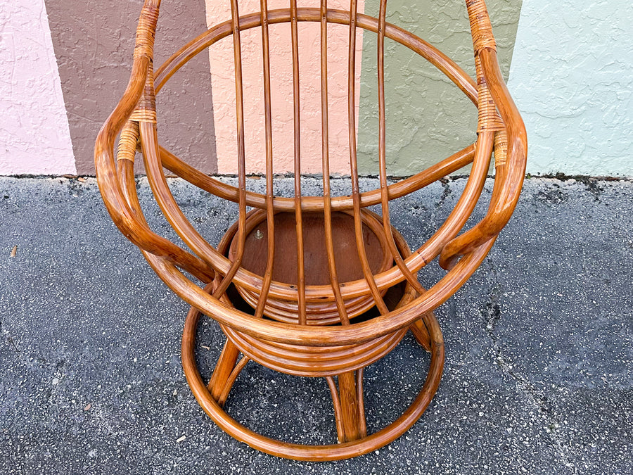 Pair of Old Florida Rattan Swivel Chairs and Ottoman