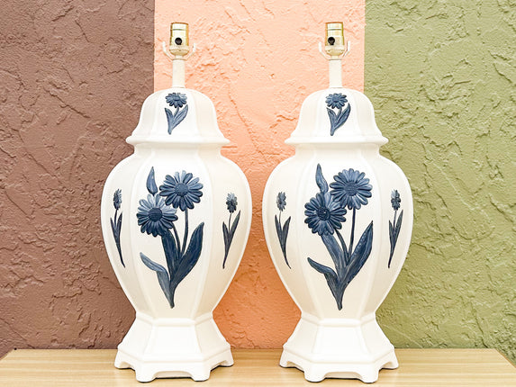 Pair of Blue Flower Ginger Jar Lamps