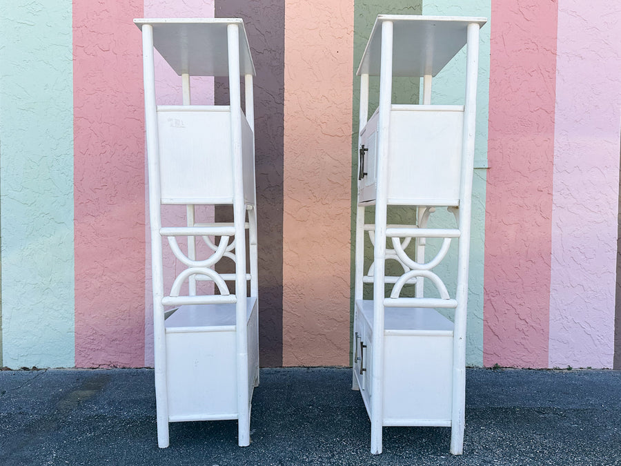 Pair of White Rattan Etageres