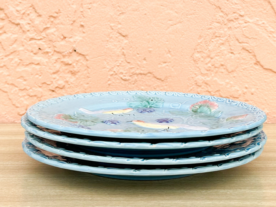 Set of Four Pretty Blue Bird Plates and Platter