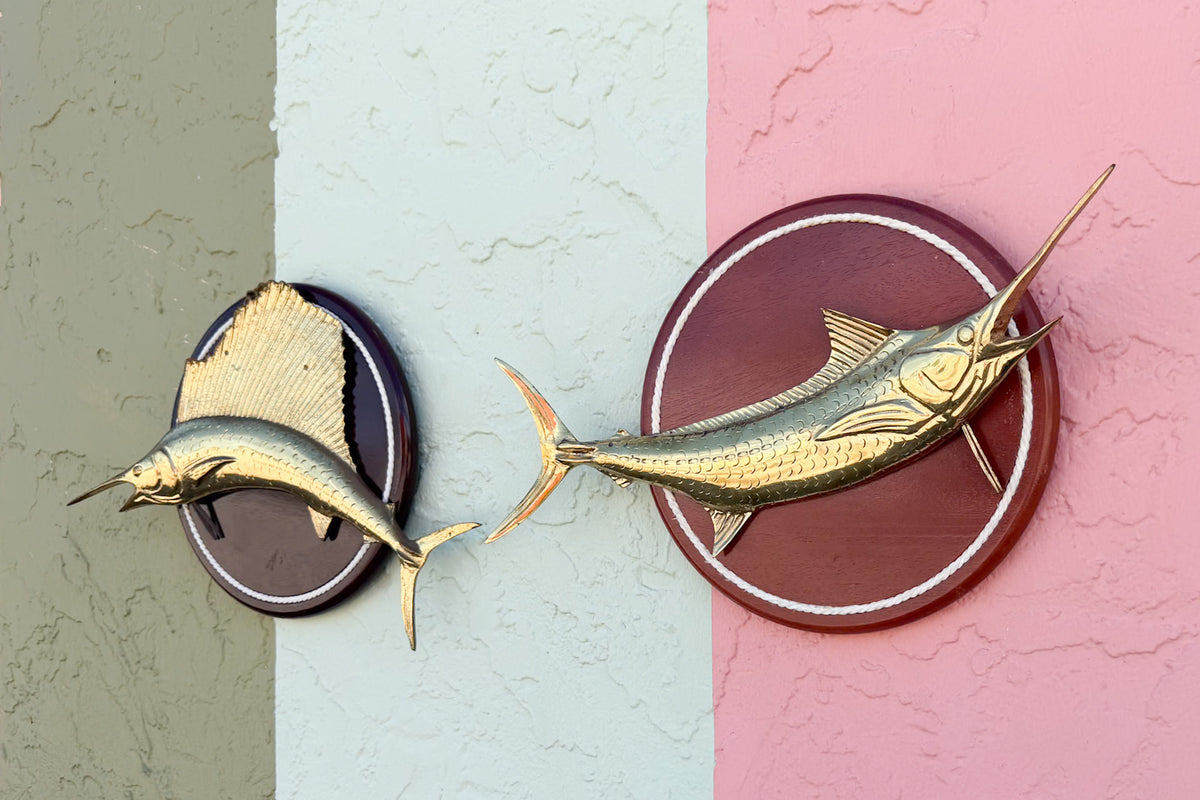 Pair of Wood Mounted Brass Gamefish
