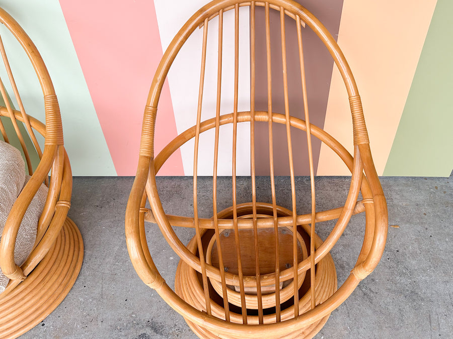 Pair of Old Florida Swivel and Rocking Rattan Chairs