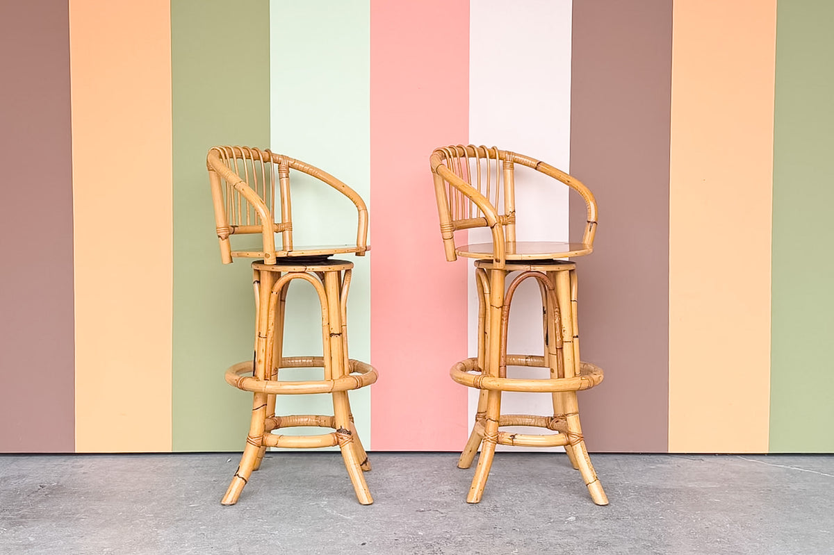 Pair of Old Florida Rattan Bar Stools