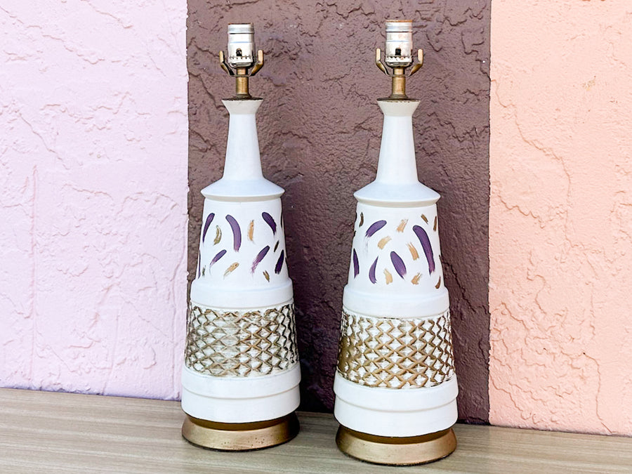 Pair of MCM Lavender and Gold Lamps