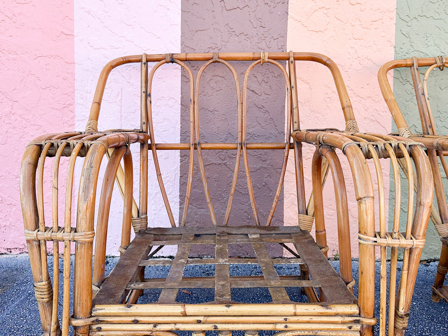 Pair of Old Florida Rattan Lounge Chairs