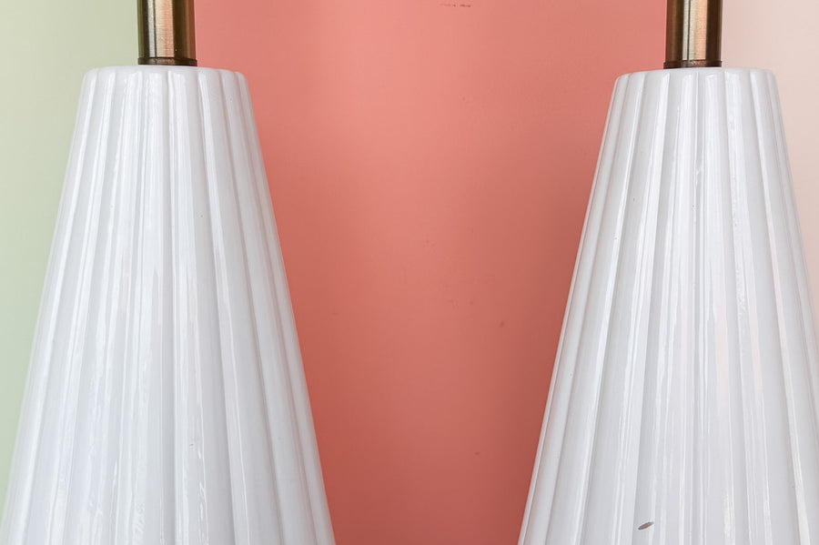 Pair of MCM Fluted White Ceramic Lamps