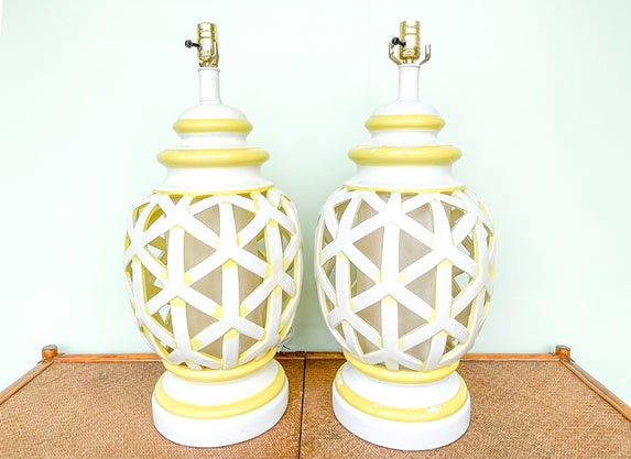 Pair of Fretwork Yellow Lamps