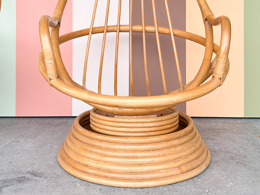Pair of Old Florida Swivel and Rocking Rattan Chairs
