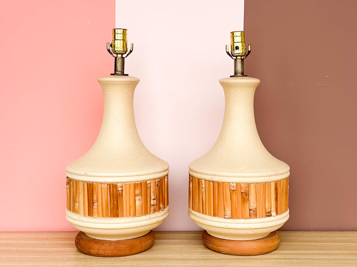 Pair of Ceramic and Bamboo Lamps