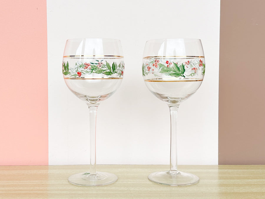 Set of Four Hand Painted Holly Stemware