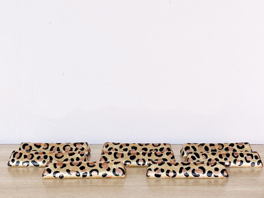 Set of Eight Hand Painted Cheetah Napkin Rings and Knife Rests