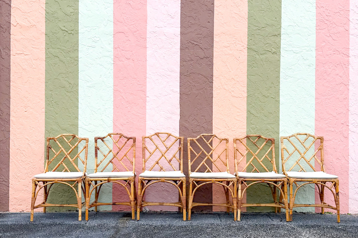 Set of Six Chippendale Rattan Dining Chairs