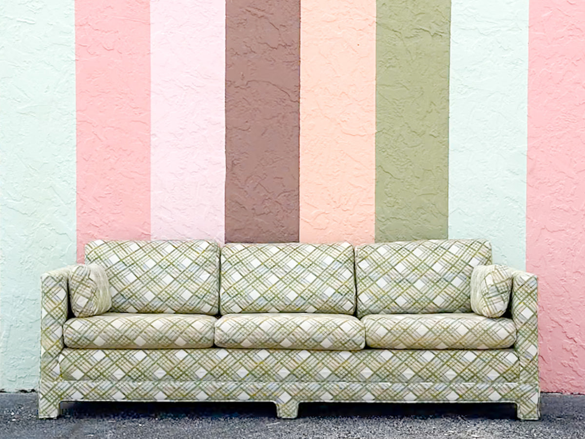 Pink and Green Plaid Upholstered Sofa