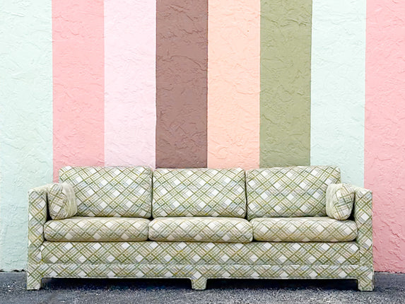 Pink and Green Plaid Upholstered Sofa