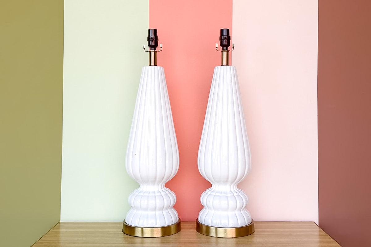 Pair of MCM Fluted White Ceramic Lamps