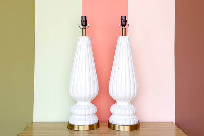 Pair of MCM Fluted White Ceramic Lamps