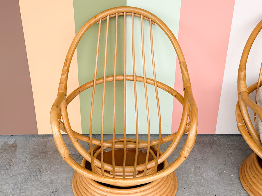 Pair of Old Florida Swivel and Rocking Rattan Chairs