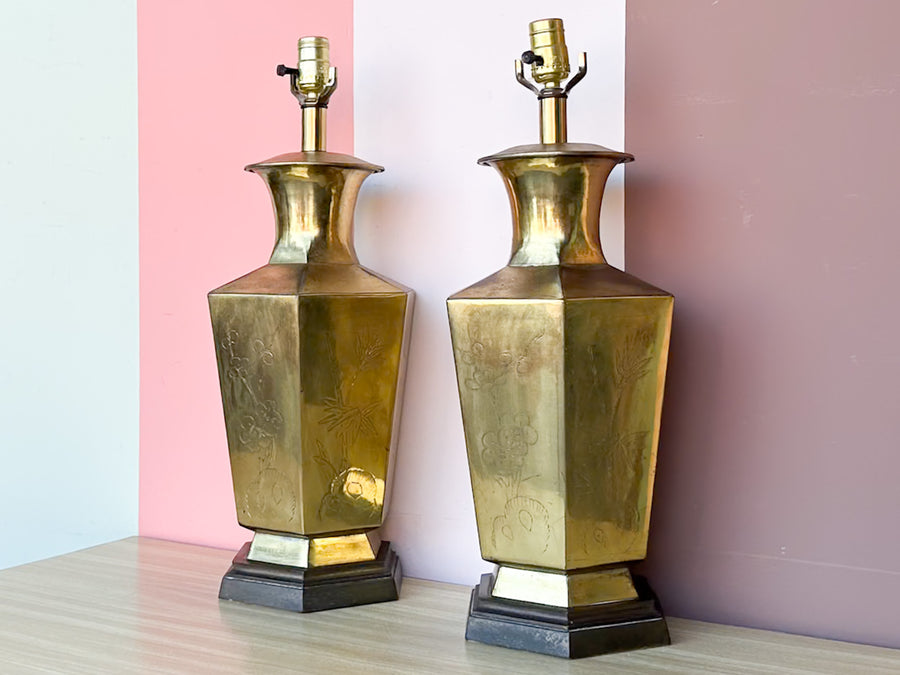 Pair of Etched Brass Chinoiserie Lamps