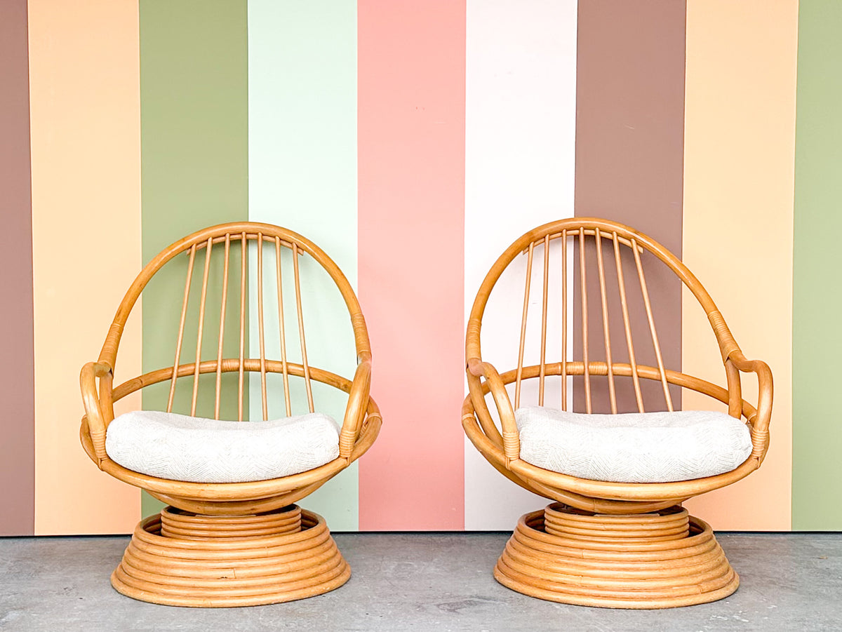 Pair of Old Florida Swivel and Rocking Rattan Chairs