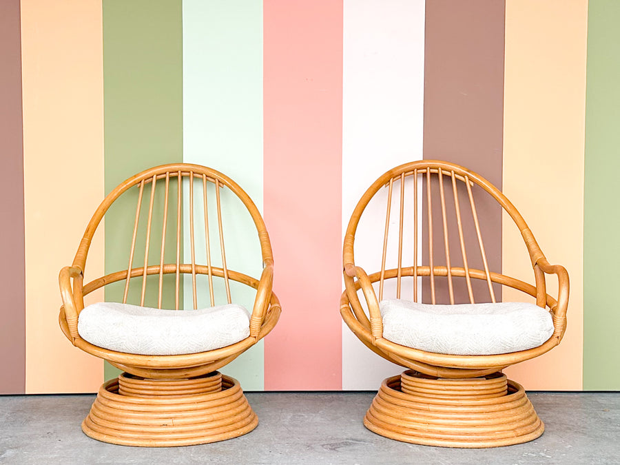 Pair of Old Florida Swivel and Rocking Rattan Chairs