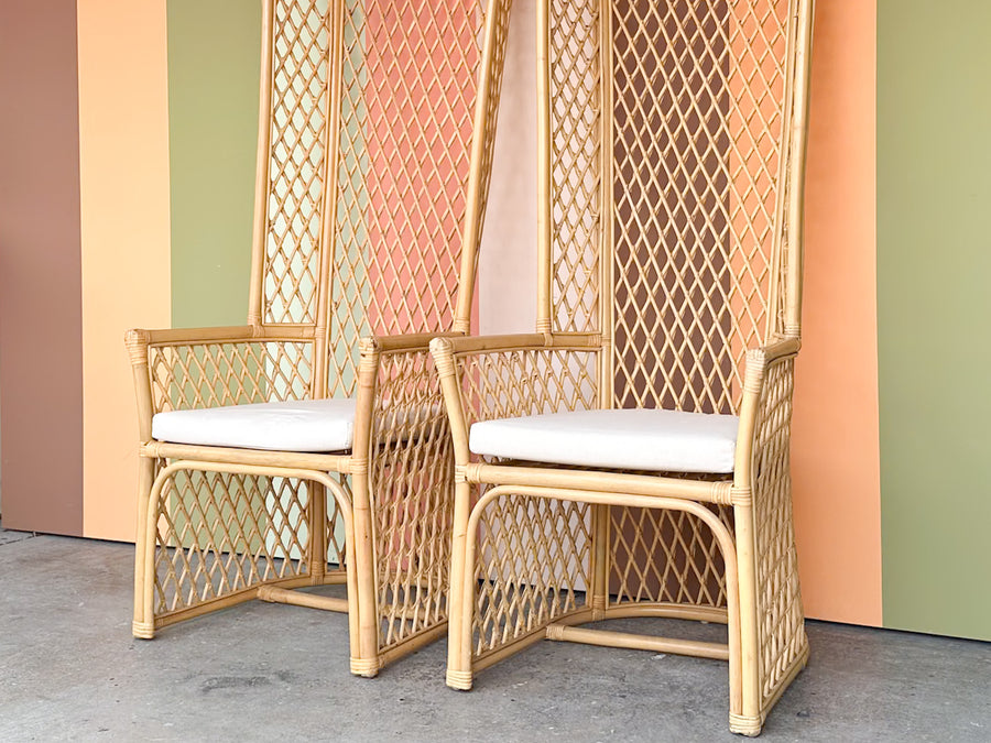 Pair of High Back Rattan Lattice Chairs