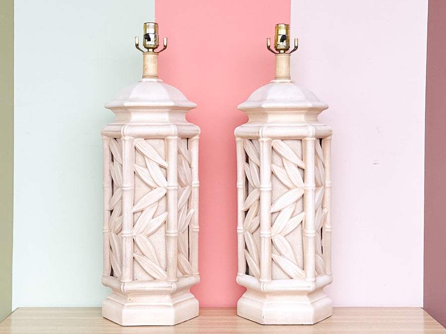 Pair of Faux Bamboo Leaf Lamps
