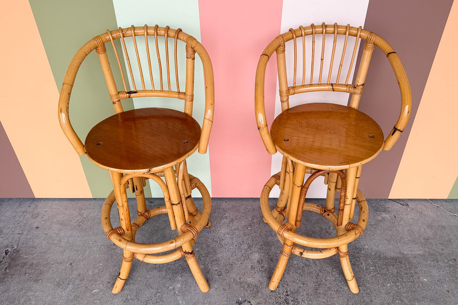 Pair of Old Florida Rattan Bar Stools