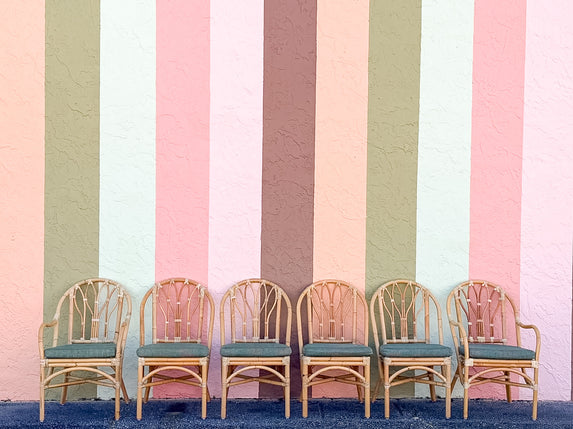 Set of Six Old Florida Rattan Dining Chairs