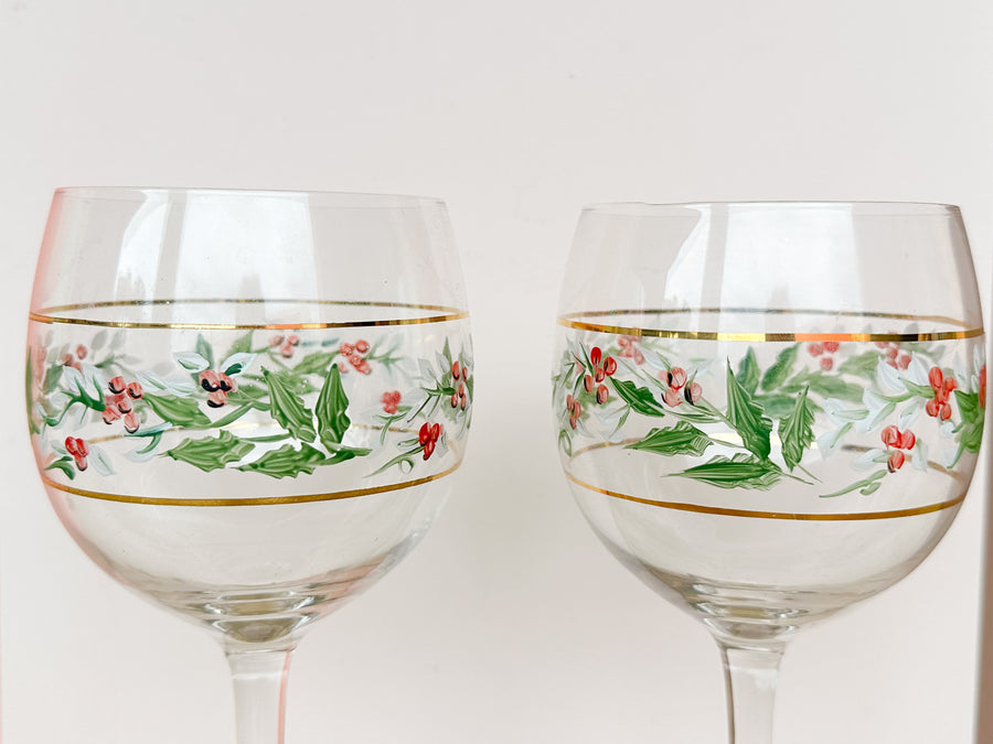 Set of Four Hand Painted Holly Stemware
