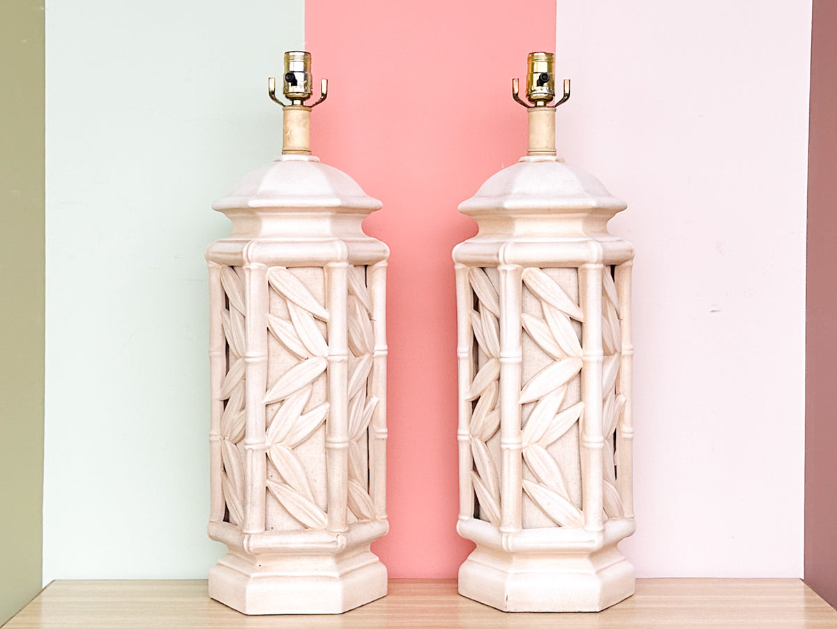 Pair of Faux Bamboo Leaf Lamps