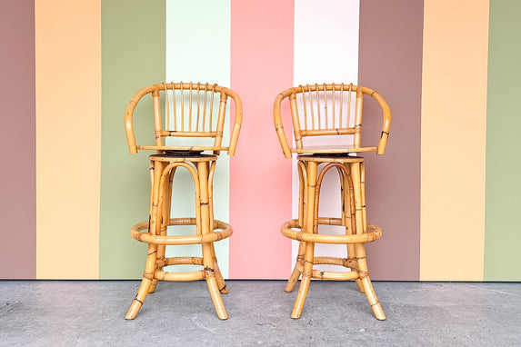 Pair of Old Florida Rattan Bar Stools