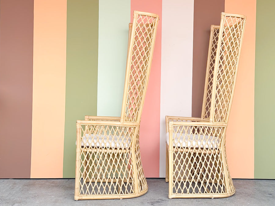 Pair of High Back Rattan Lattice Chairs