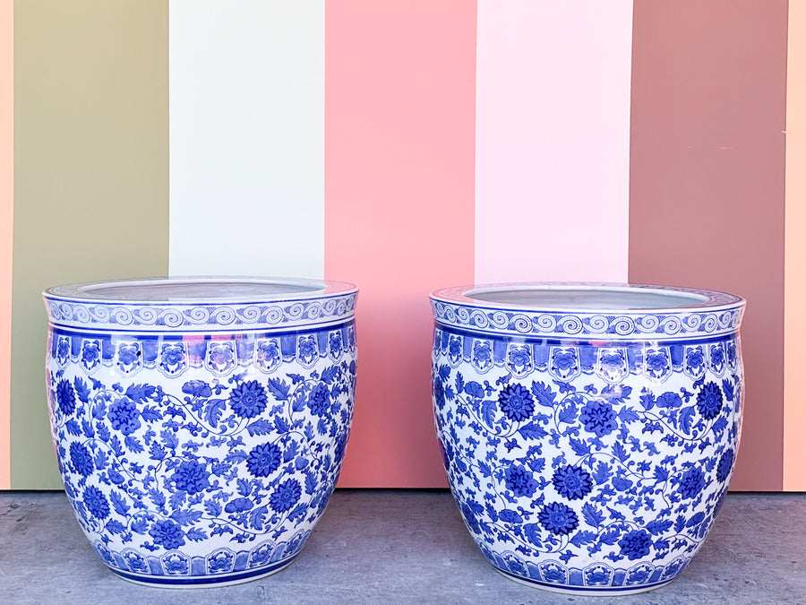 Pair of Huge Blue and White Cachepots