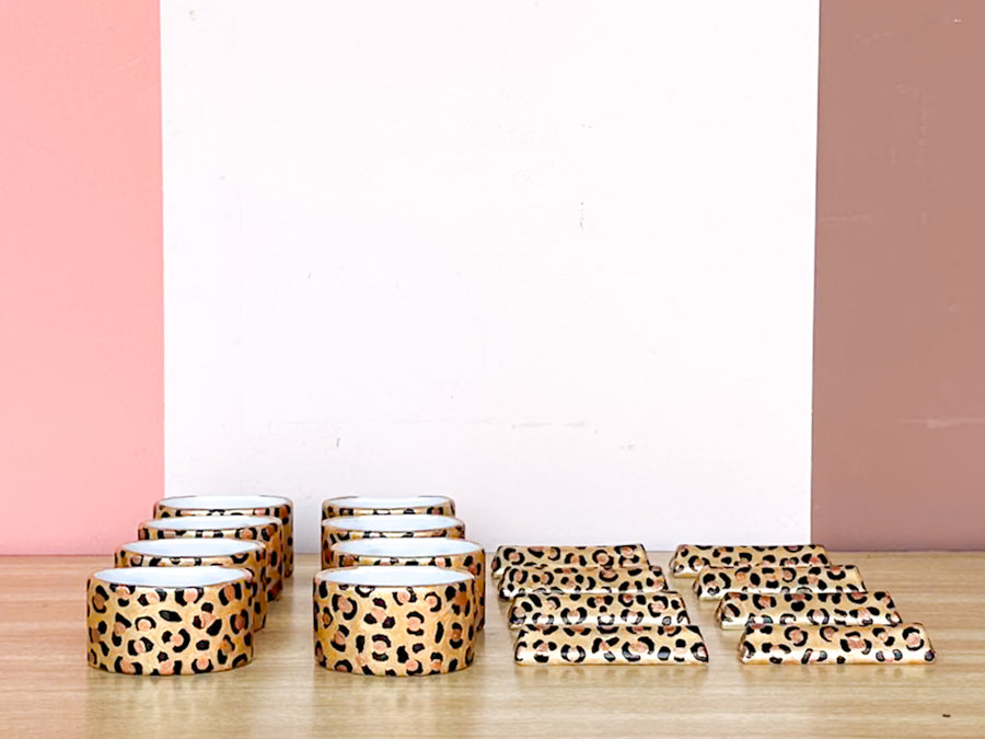 Set of Eight Hand Painted Cheetah Napkin Rings and Knife Rests