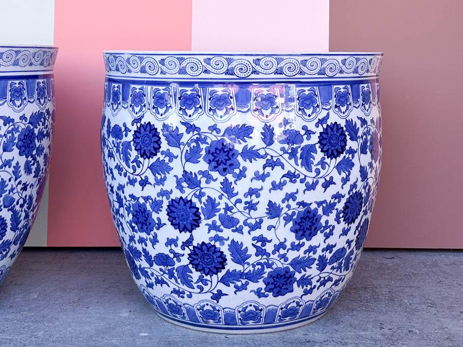 Pair of Huge Blue and White Cachepots