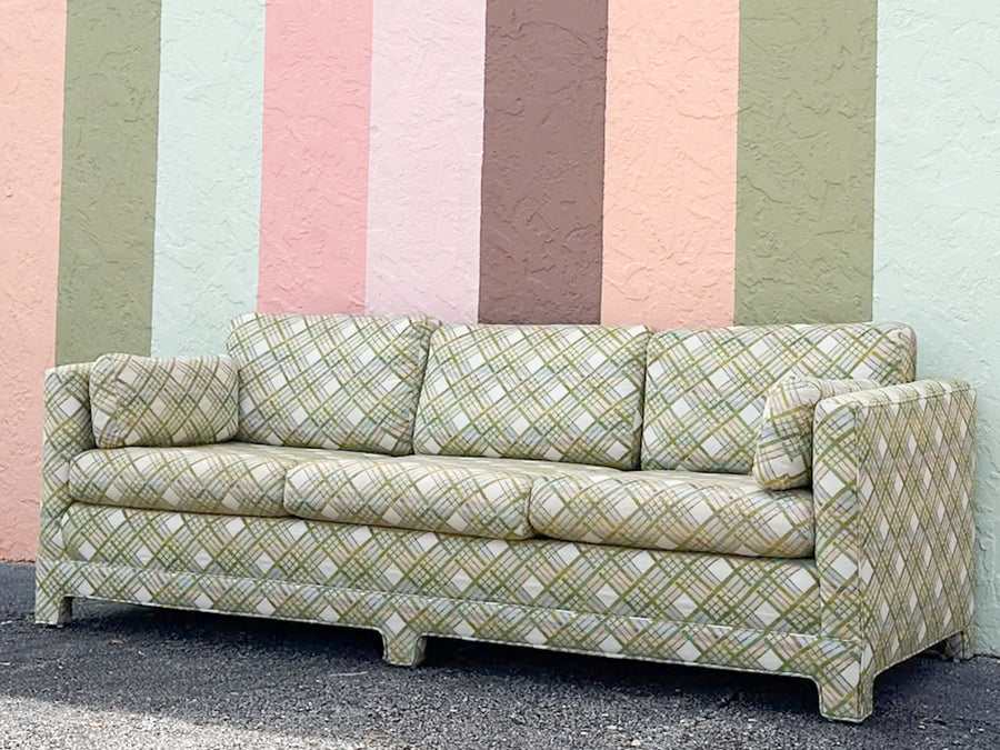 Pink and Green Plaid Upholstered Sofa