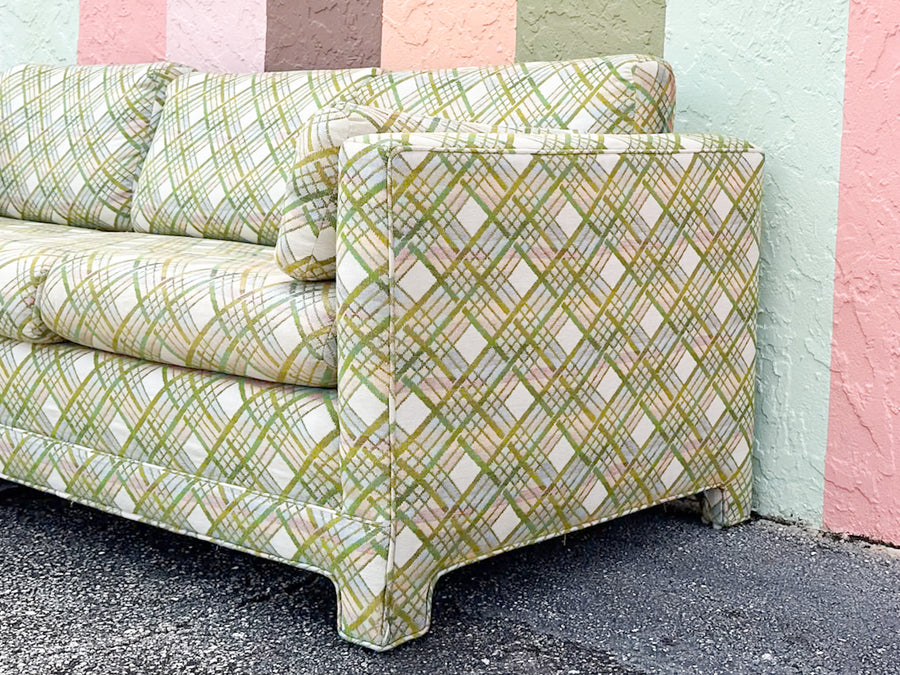 Pink and Green Plaid Upholstered Sofa