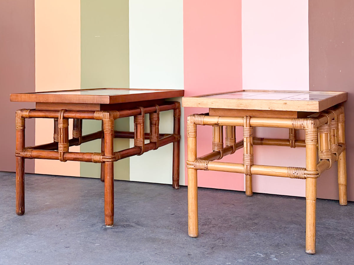 Pair of John Wisner for Ficks Reed Rattan Tile Top Side Tables