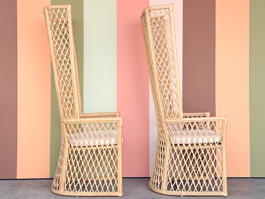 Pair of High Back Rattan Lattice Chairs