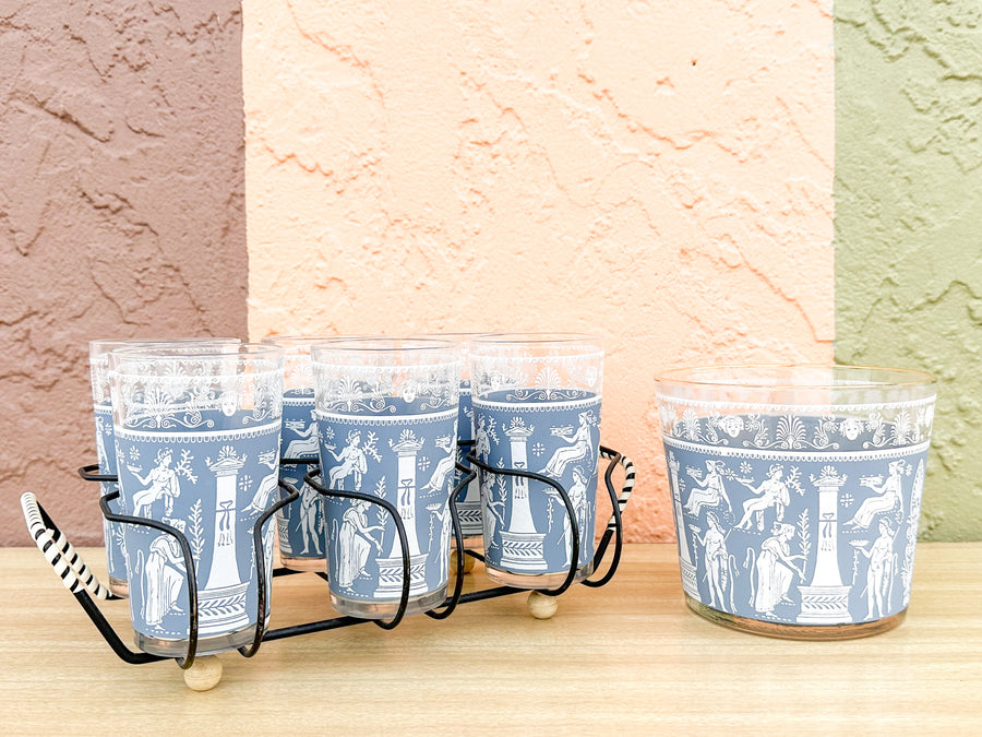 Ancient Greek Ice Bucket and Set of Seven Glasses