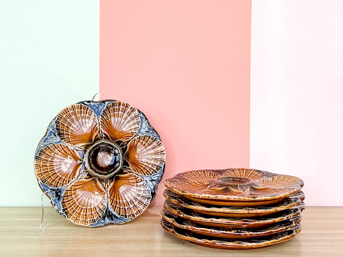 Set of Six French Burnt Sienna Oyster Plates