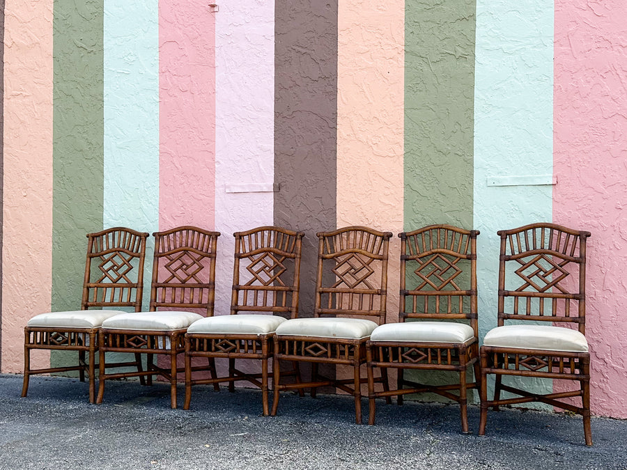 Set of Six Fretwork Rattan Dining Chairs