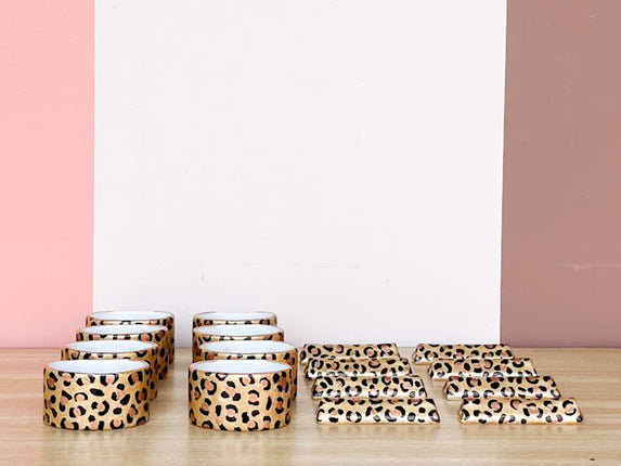 Set of Eight Hand Painted Cheetah Napkin Rings and Knife Rests