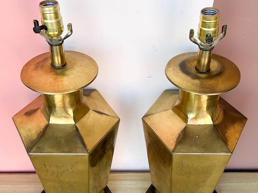 Pair of Etched Brass Chinoiserie Lamps