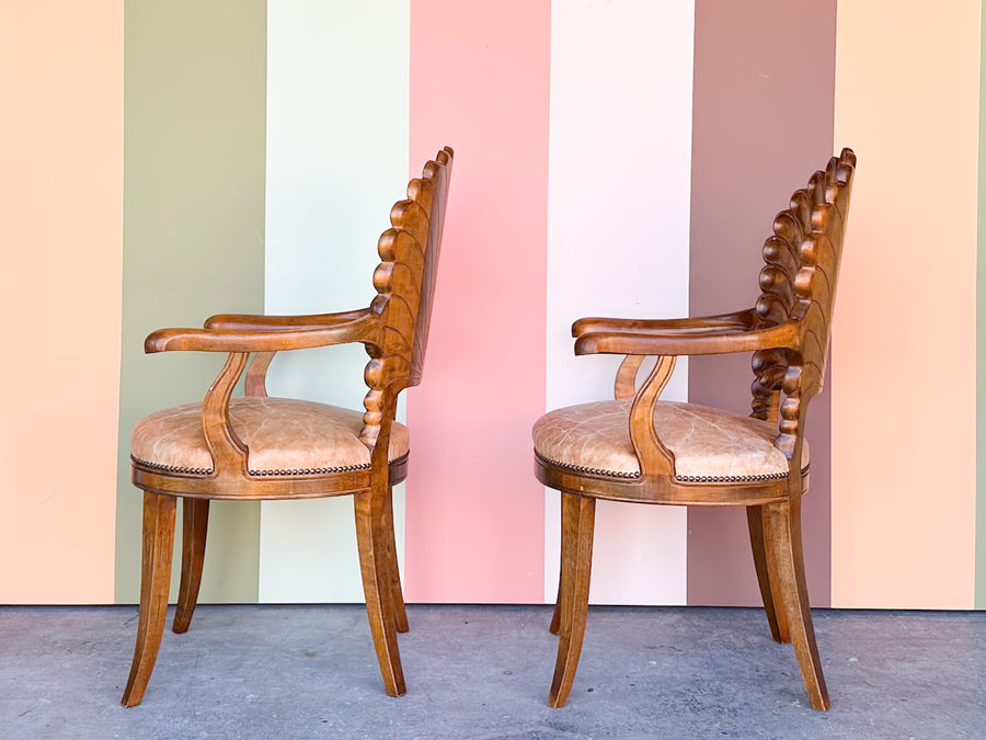 Pair of Shell Wood Back Accent Chairs