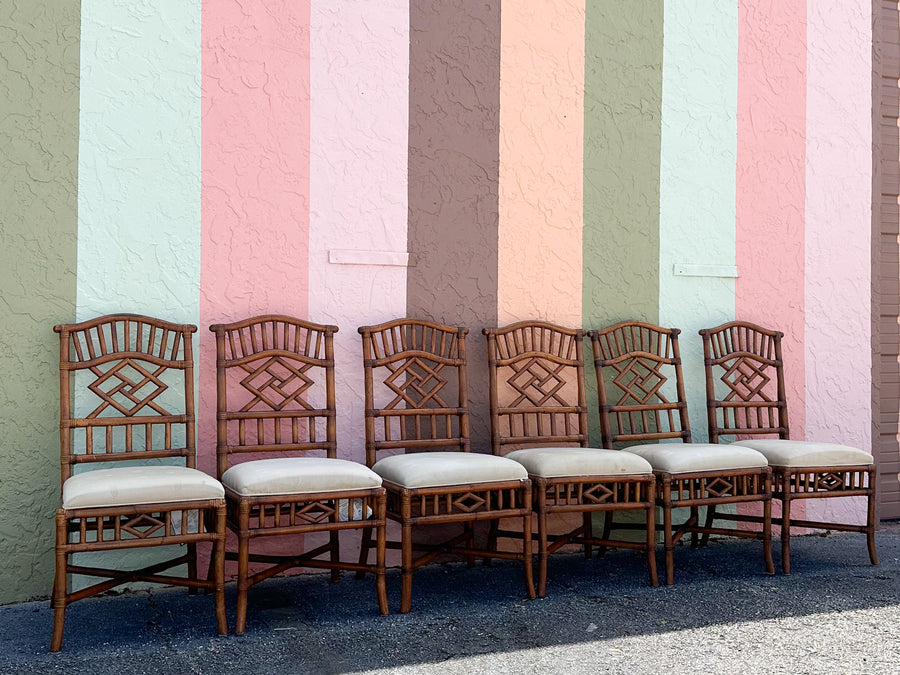 Set of Six Fretwork Rattan Dining Chairs