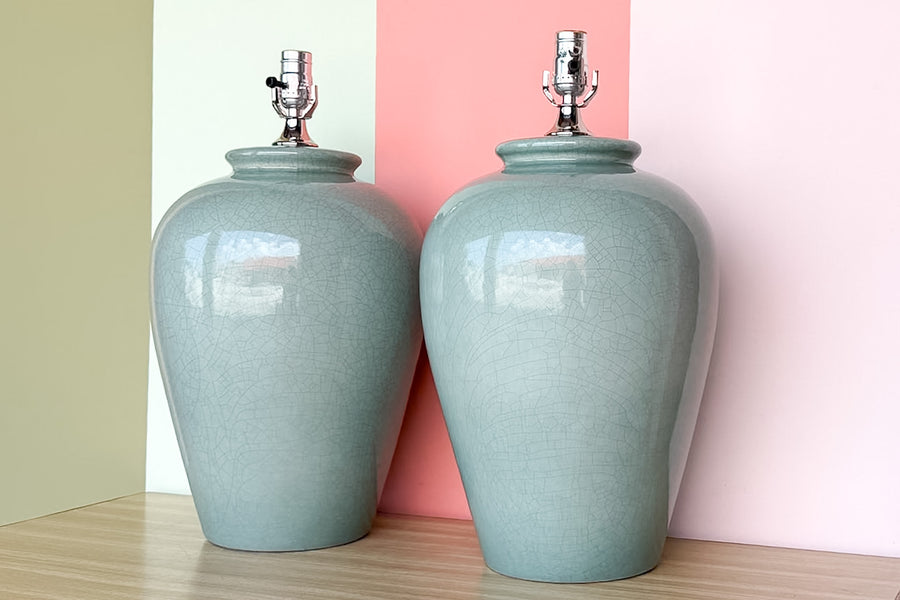 Pair of Large Ocean Blue Crackle Lamps